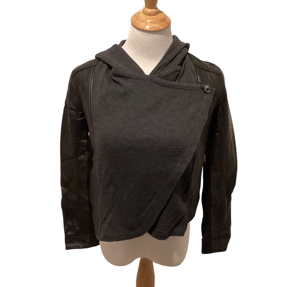 Hollister Black Faux Leather Hoodie Moto Jacket Womens XS Asymmetrical‎ Zip